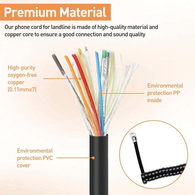Rindion 3PCS Phone Cord for Landline, 10 Ft Uncoiled/1.2 Ft Coiled Telephone Cord, Universally Phone Cable for Use in Home or Office(Black) - Image 4